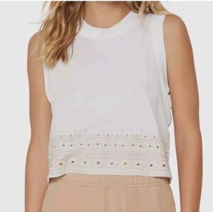 Spiritual Gangster Women's White Bamboo Embroidered Box Crop Tank Top Size M NWT